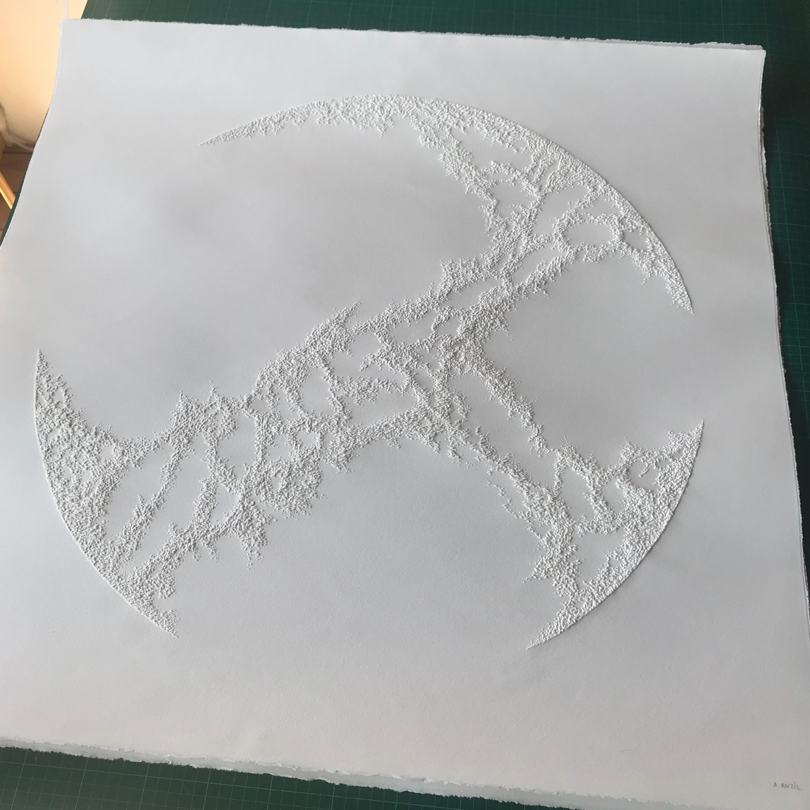 Antonin Anzil Abstract Drawing - Moon Circle 2 - intricate white 3D abstract geometric pulled paper drawing 