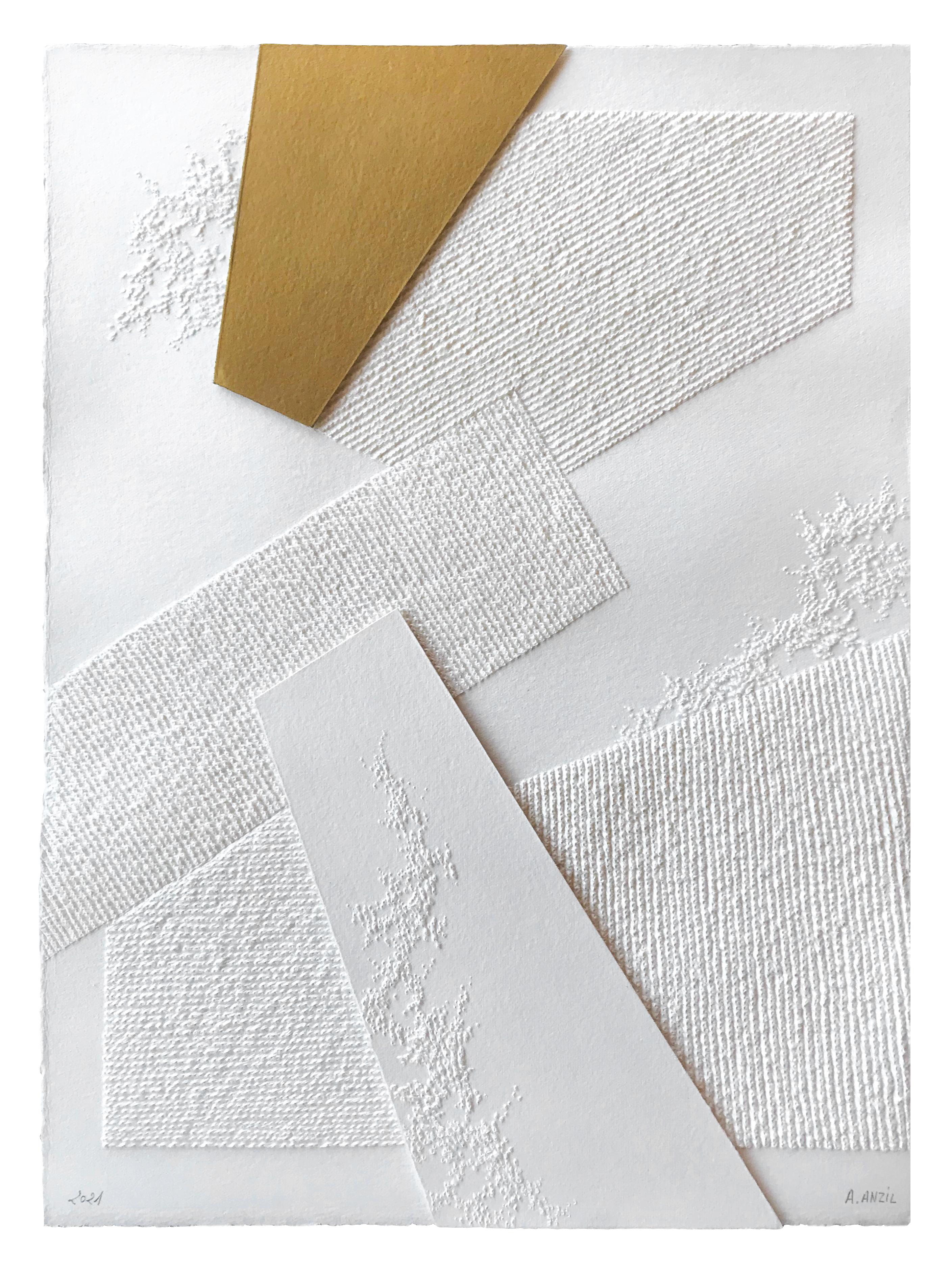 Antonin Anzil Abstract Sculpture - Locus 1- intricate white gold 3D abstract geometric drawing and collage on paper