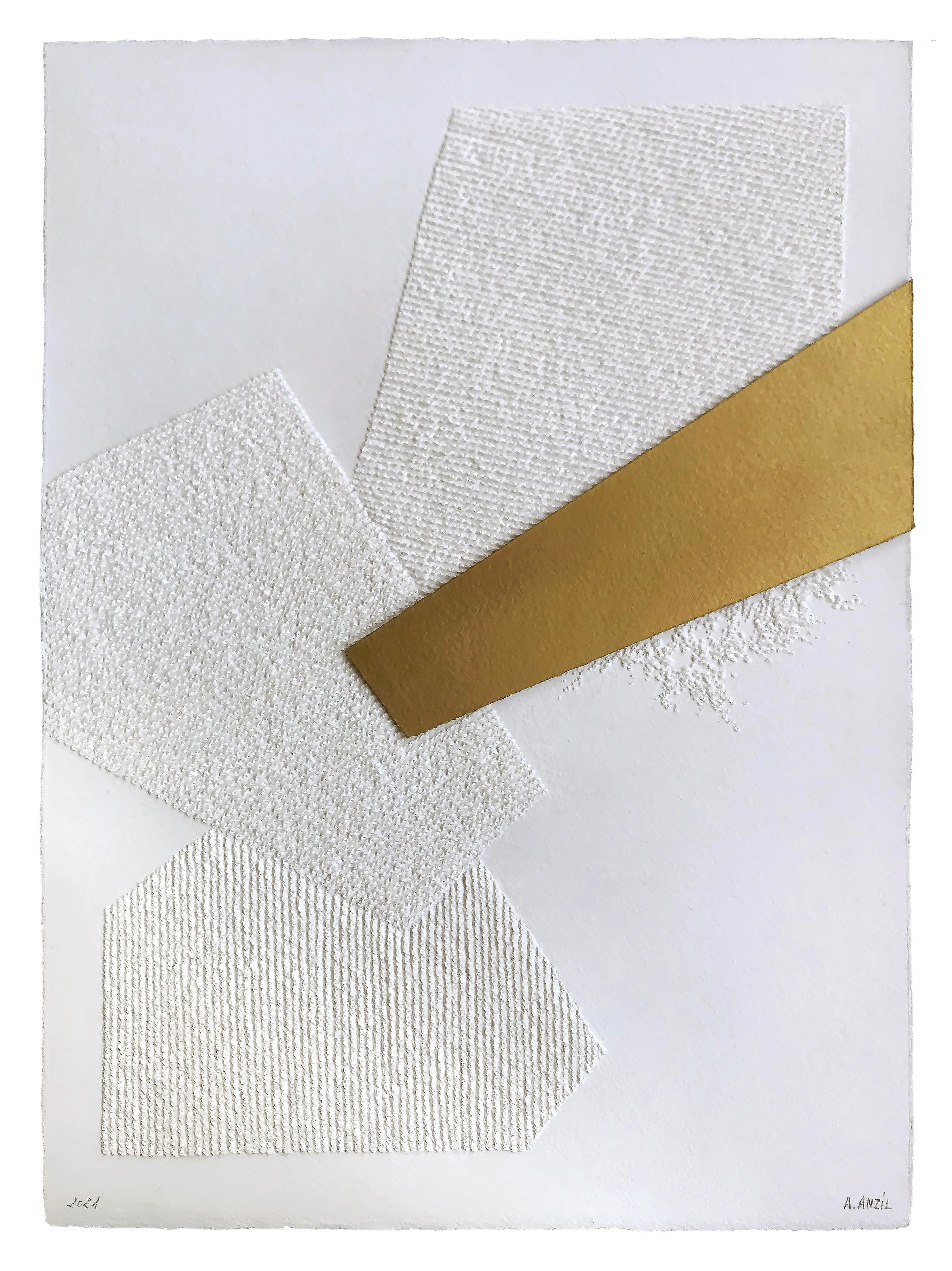 Antonin Anzil Abstract Drawing - Locus 2- intricate white gold 3D abstract geometric drawing and collage on paper