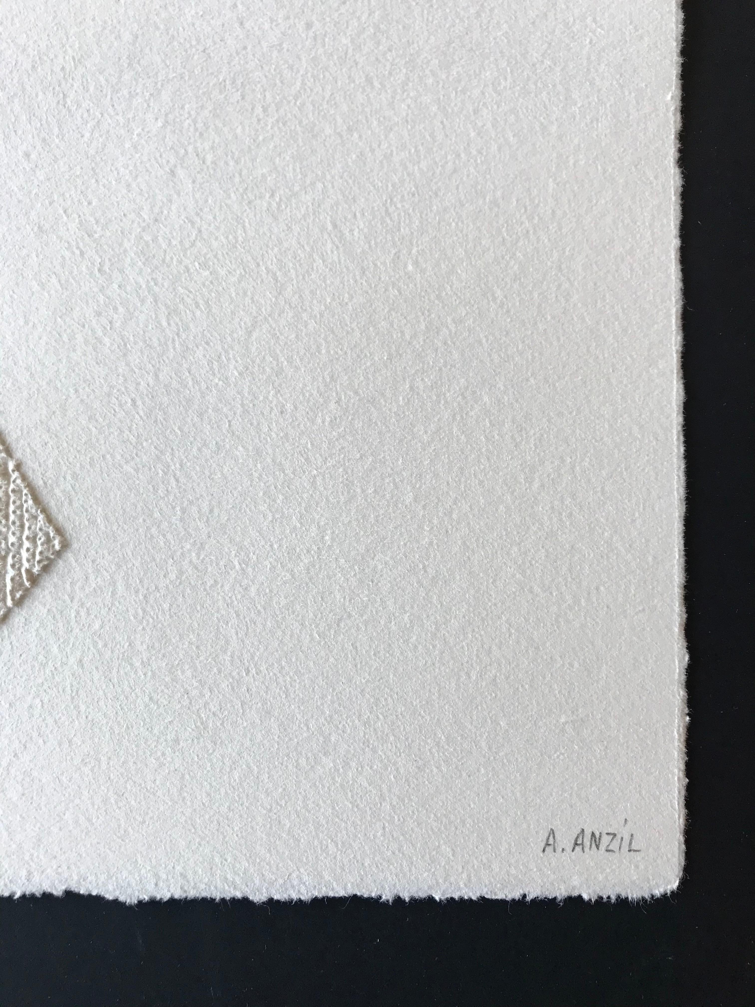 Locus 2 dessins géométriques abstraits en or blanc complexes en 3D et collages sur papier - Géométrique abstrait Art par Antonin Anzil
