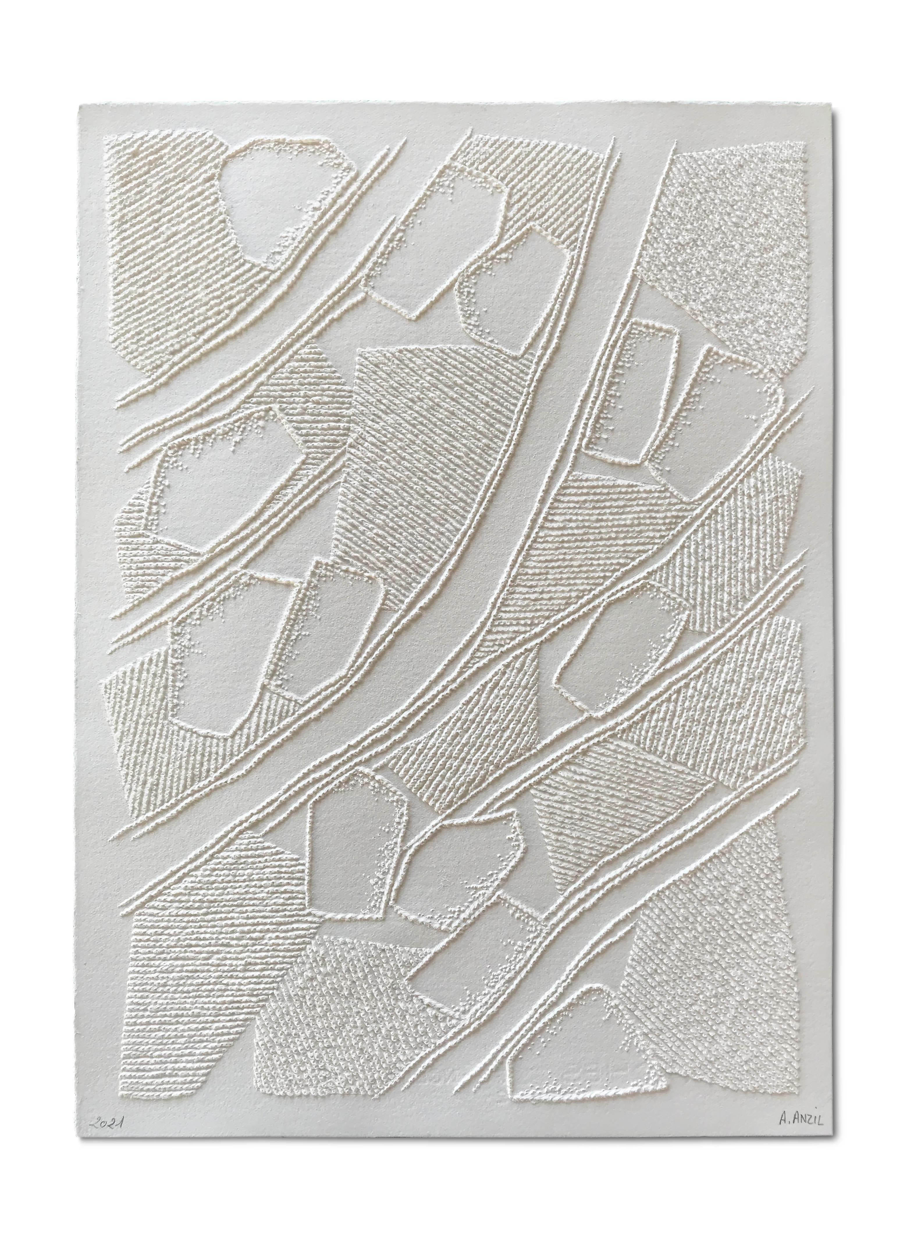 Antonin Anzil Abstract Drawing – Salinae - aufwändige weiße 3D-Abstrakte Landschaftszeichnung mit gegezogenen Papierfasern