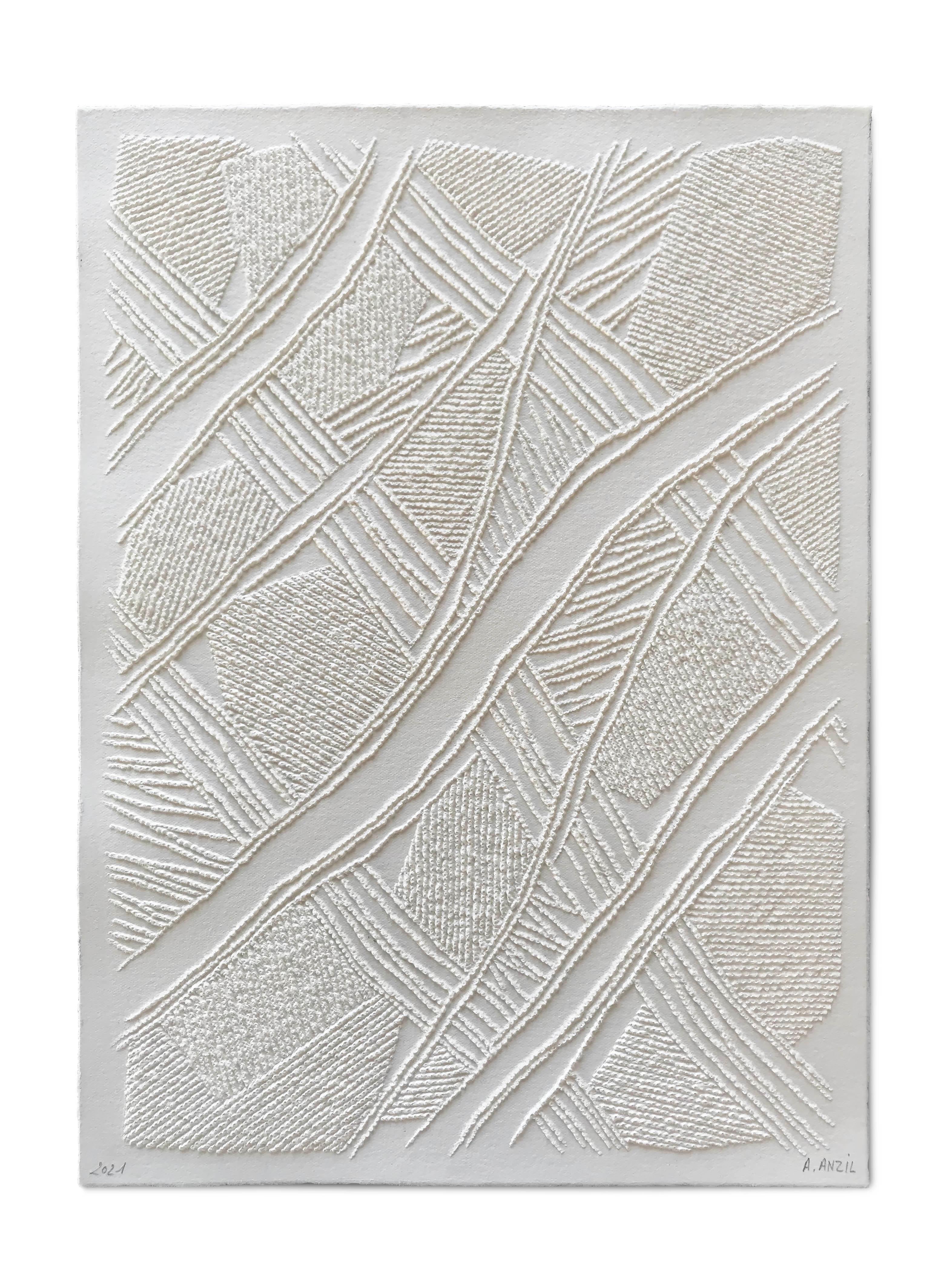 Antonin Anzil Abstract Sculpture - Subak - intricate white 3D abstract landscape drawing with pulled paper fiber