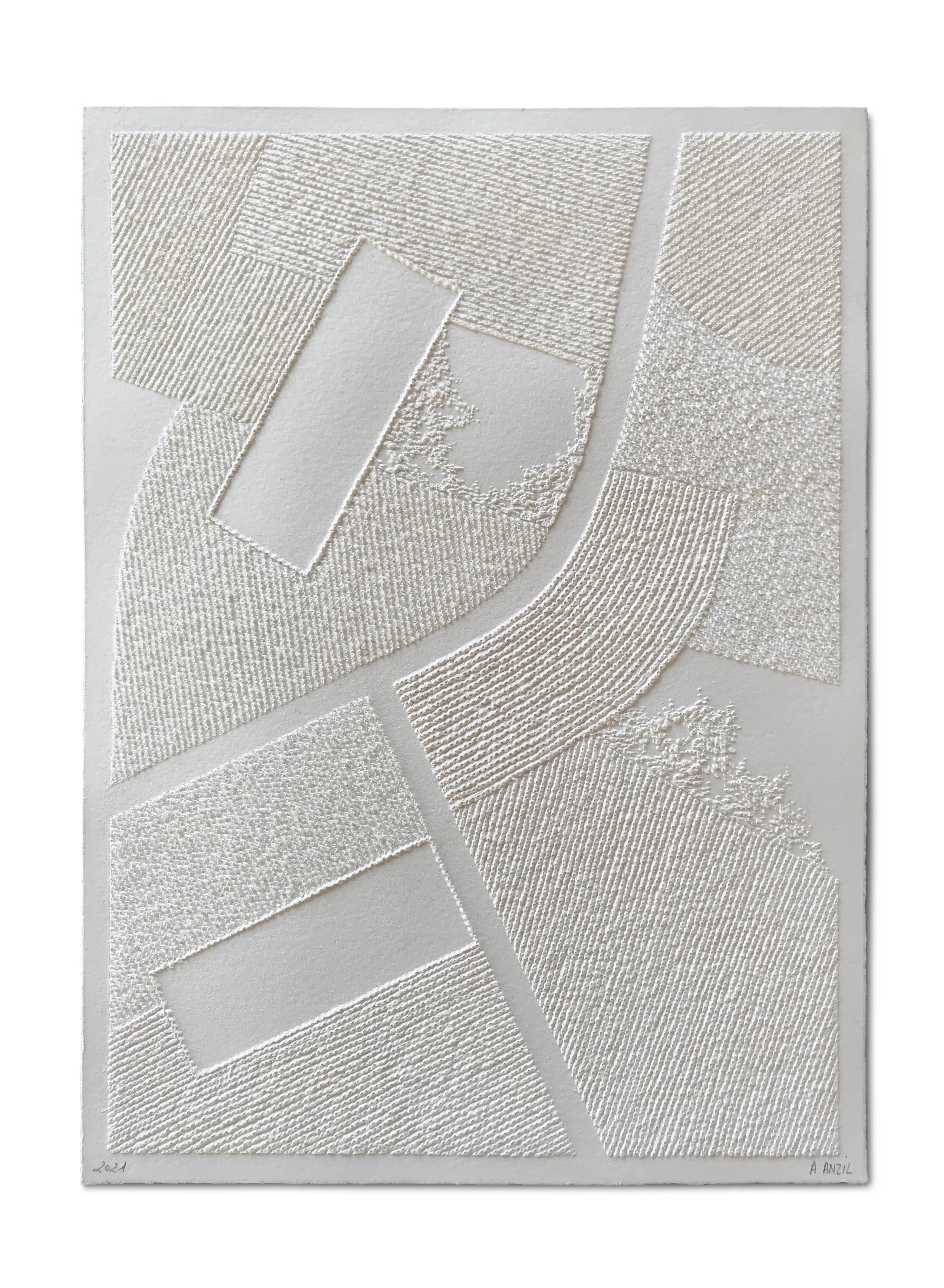 Antonin Anzil Abstract Drawing - Territoire intricate white 3D abstract landscape drawing with pulled paper fiber