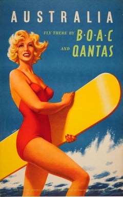Original Retro Australia Fly There By BOAC & Qantas Travel Poster Ft. Surfer