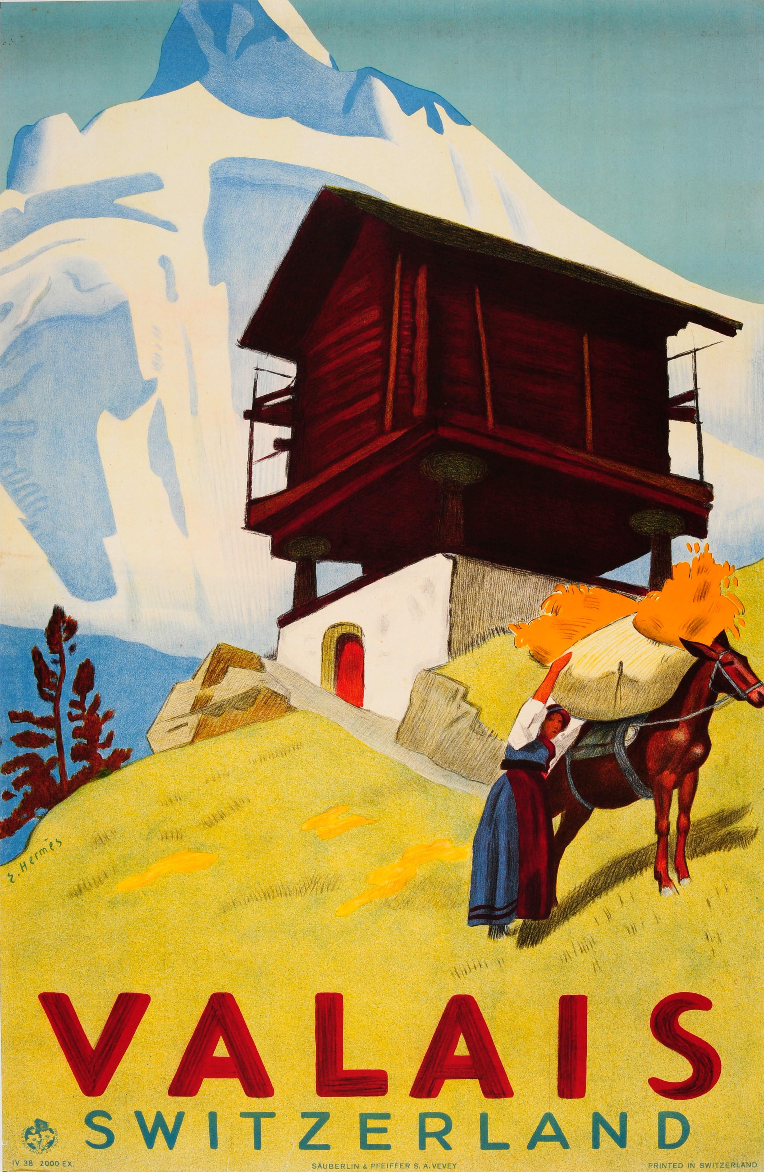 Erich Hermes Print - Original Vintage Valais Switzerland Travel Poster Ft. Countryside Mountain View