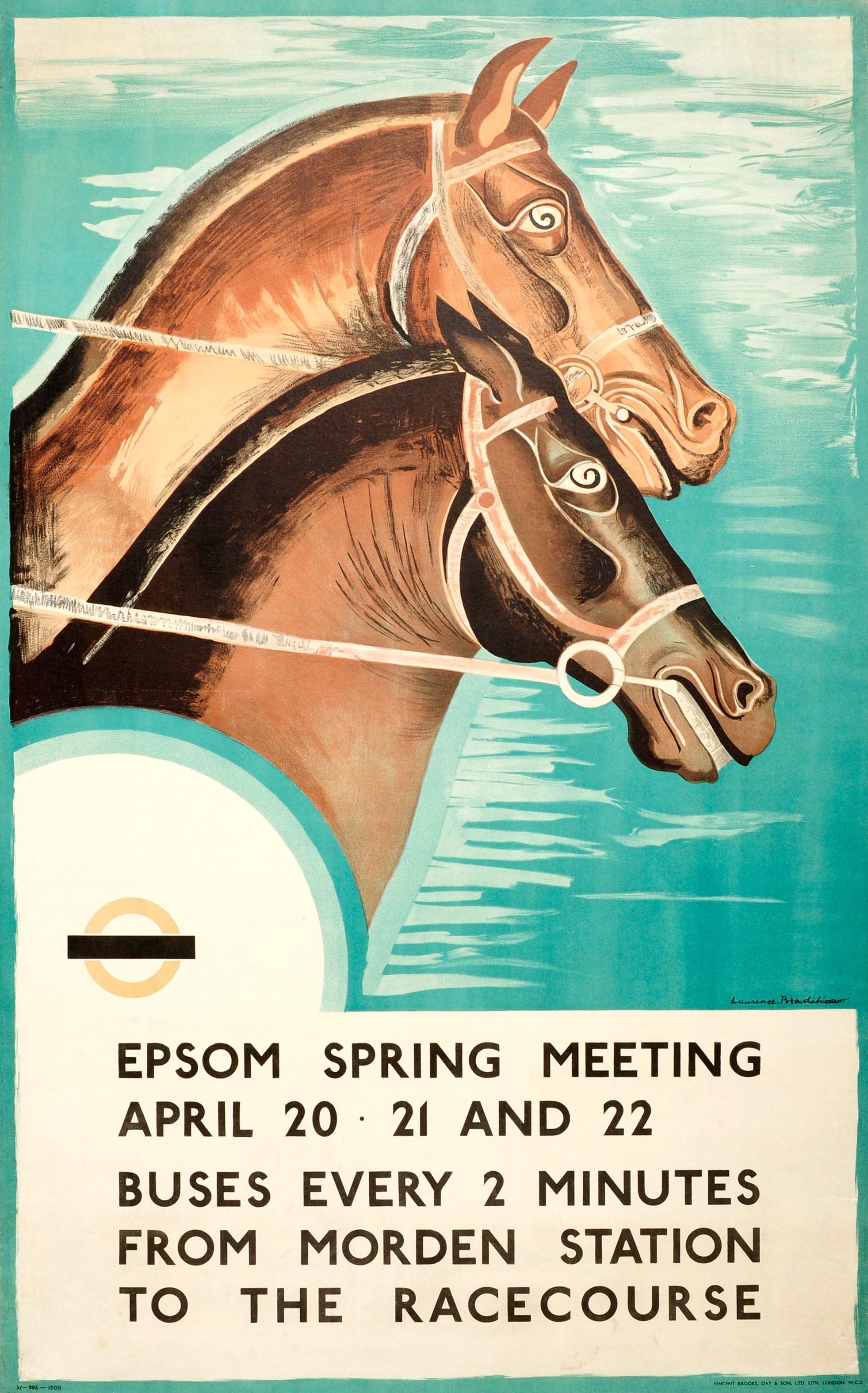 Laurence Bradshaw Print - Original 1935 Art Deco London Transport Horse Racing Poster Epsom Spring Meeting