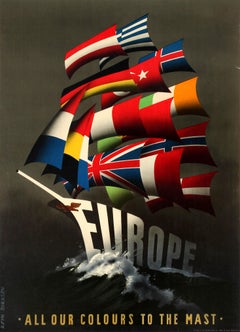 Original Vintage ERP Marshall Plan Poster - Europe All Our Colours To The Mast
