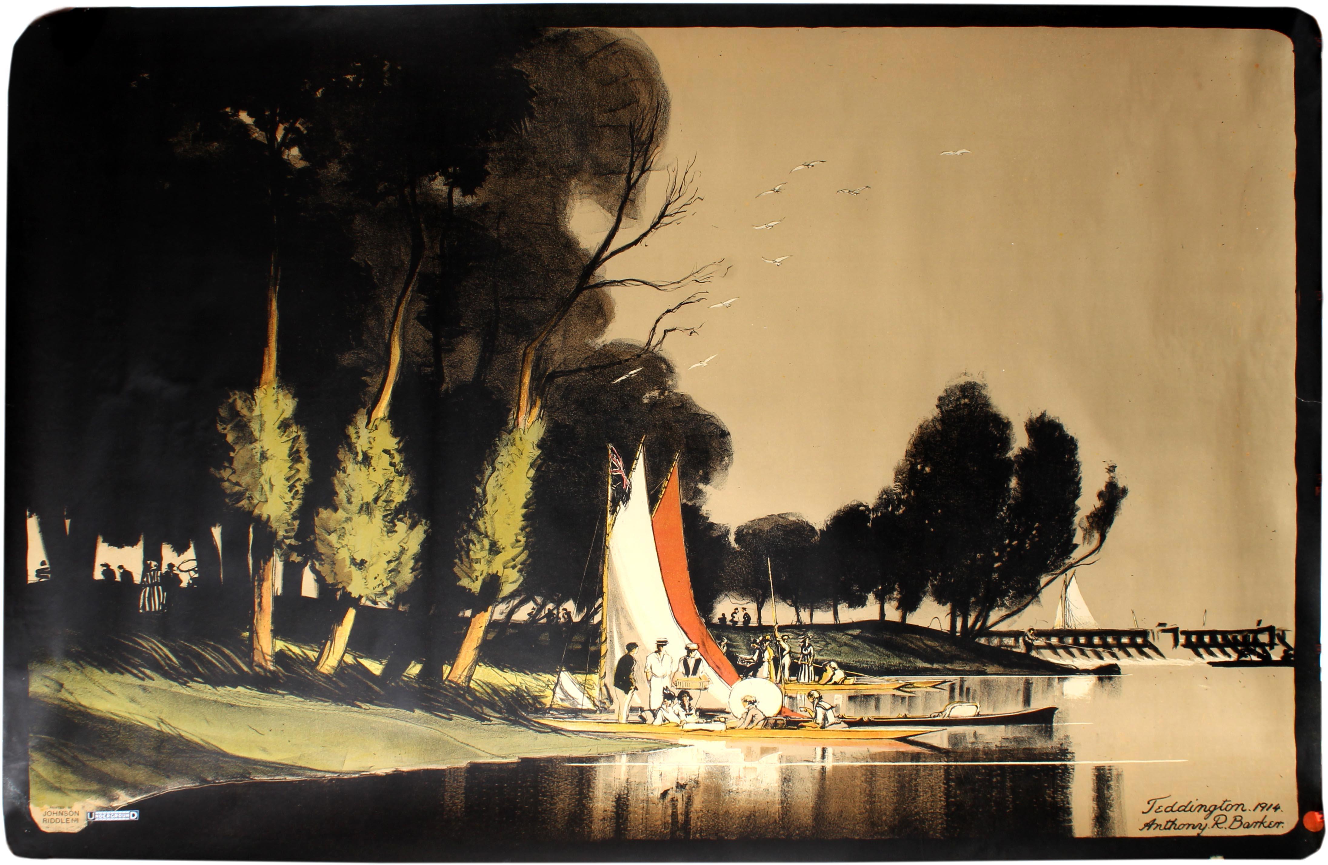 Anthony R. Barker Print - Original Antique London Underground Poster Teddington 1914 Sailing River Thames