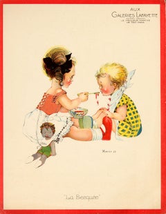Affiche rétro originale Galeries Lafayette, nourrisson à la cuillère avec enfants et poupée