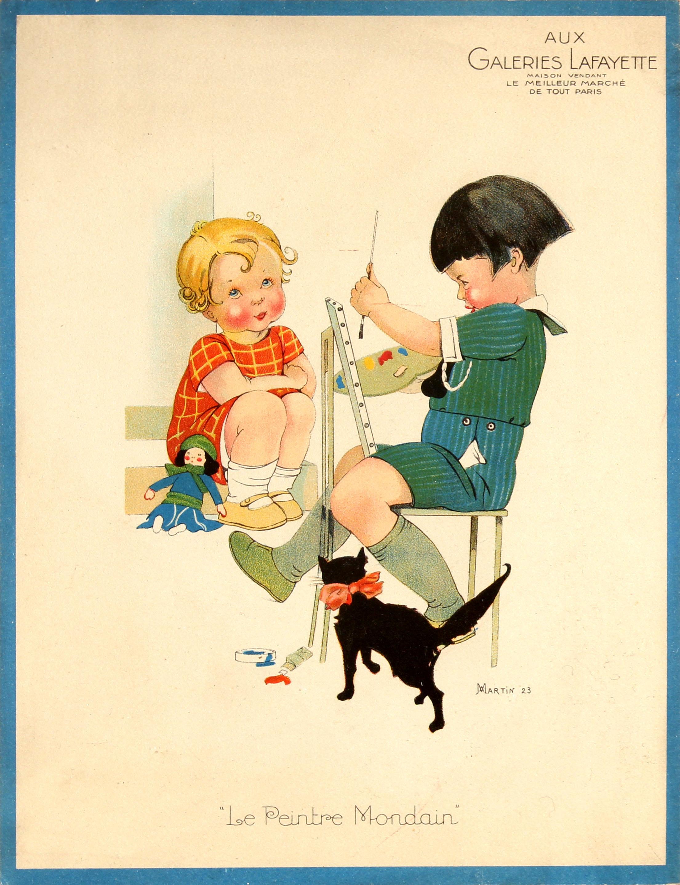 Martin Print - Original Vintage Galeries Lafayette Poster The Worldly Painter Ft Children & Cat