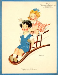 Original Antique Galeries Lafayette Poster Winter Sports - Children Chair Sledge