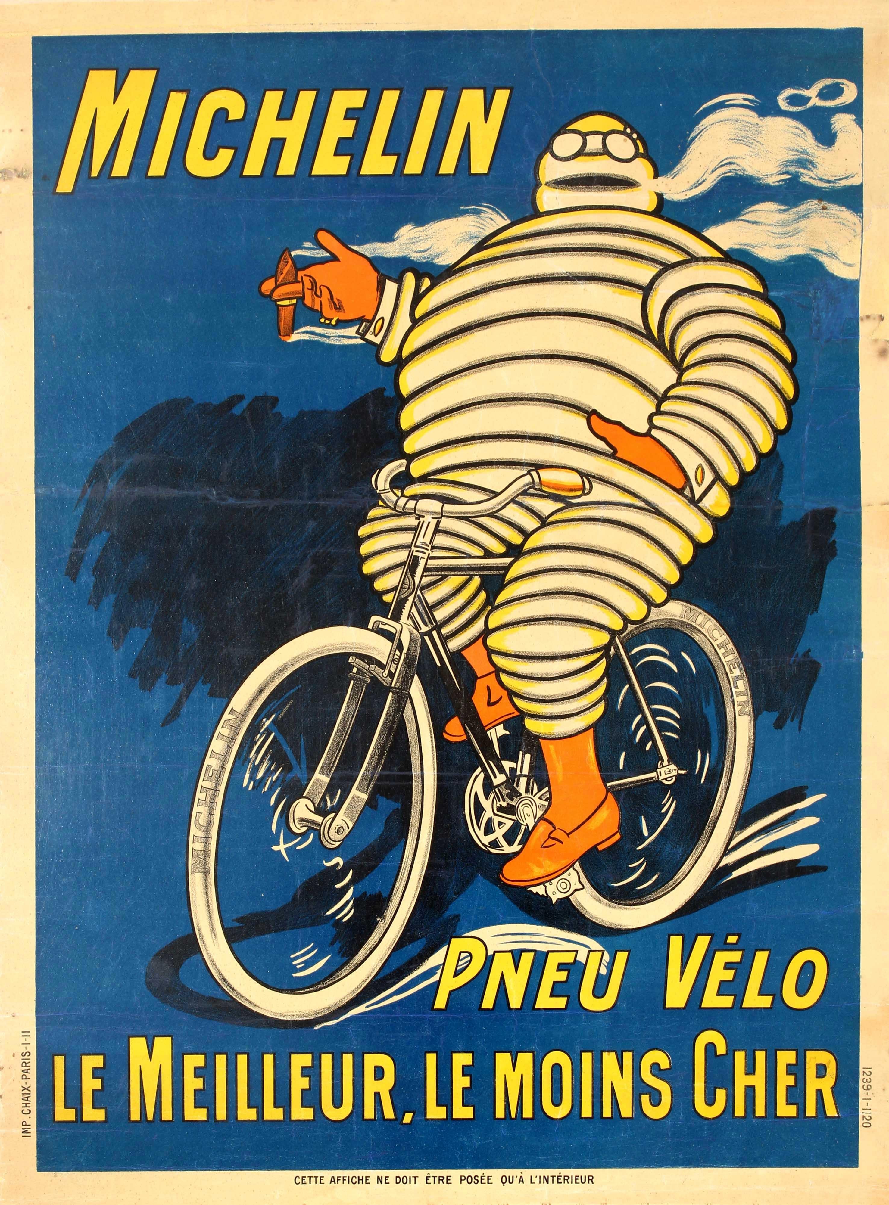 Unknown - Original Antique Bibendum Michelin Man Poster - Michelin Pneu  Velo Bicycle Tyres at 1stDibs