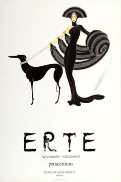 Affiche vintage d'origine d'exposition Erte de style Art Déco avec dame et chien de lévrier