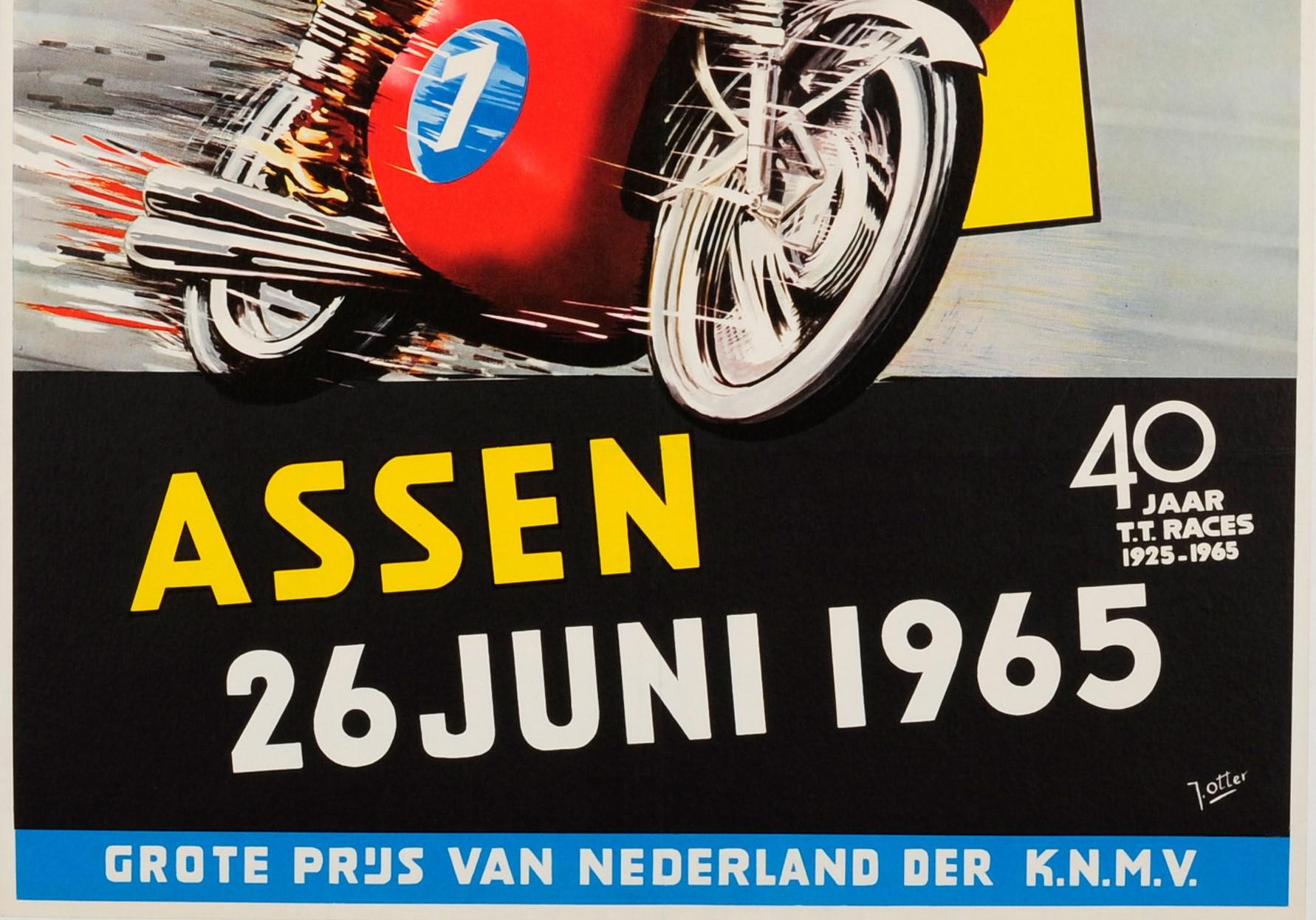 Original vintage sport poster advertising the Dutch TT motor race held in Assen on 26 June 1965. Dynamic artwork featuring a colourful image of a motorbike rider on a motorcycle marked number 7 speeding in front of large TT letters in yellow with a