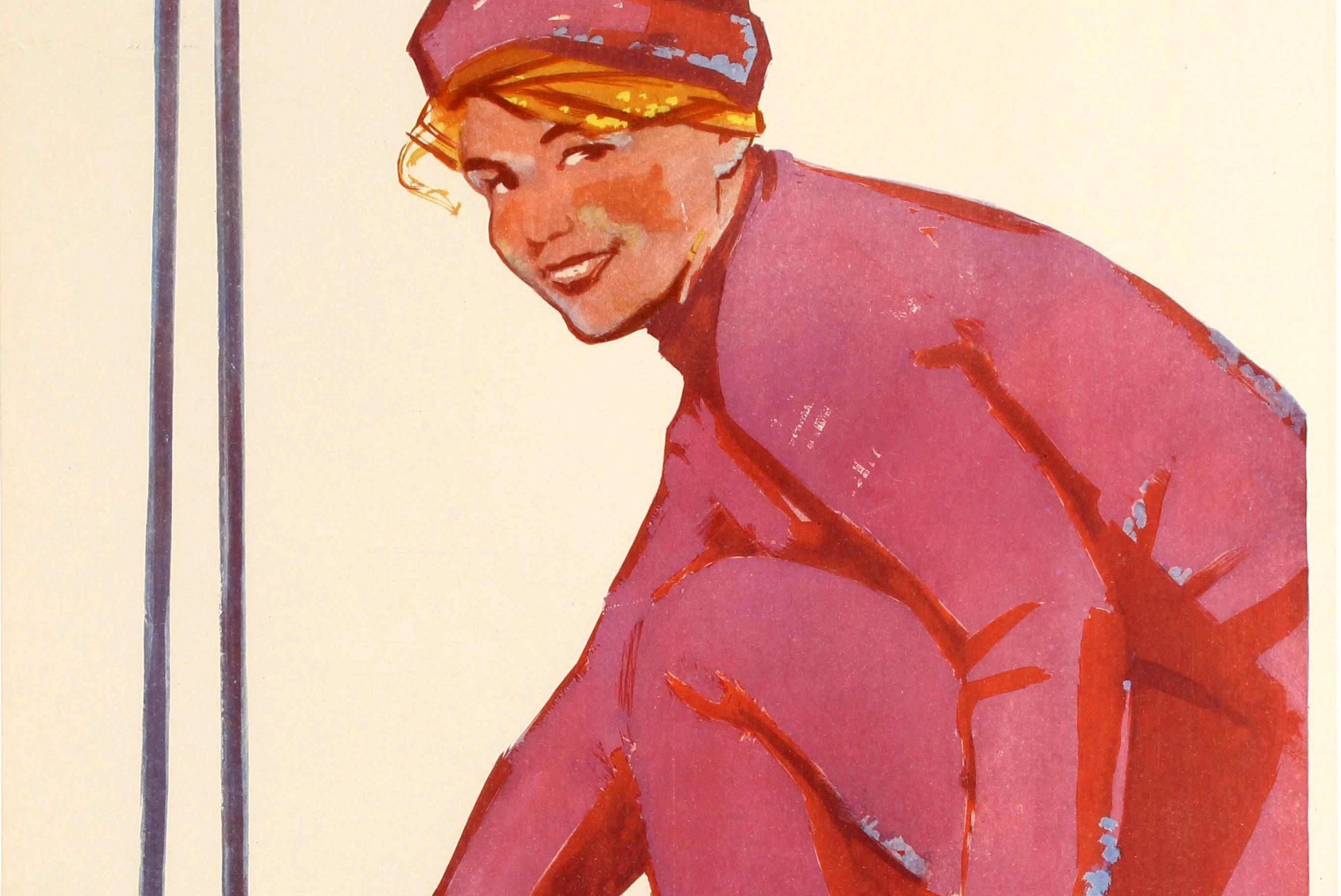 Original Vintage Soviet Winter Sport Skiing Poster - The Ski Track Is Calling! - White Print by A. Dobrov