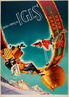 Affiche vintage d'origine de ski d'Igls, Tyrol, Skieurs et chien sur cloche de vache