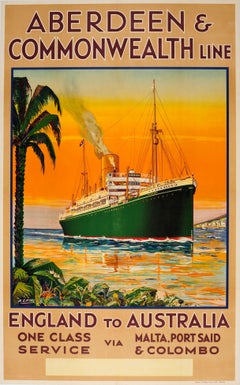 Original Vintage Aberdeen & Commonwealth Line Travel Poster England To Australia