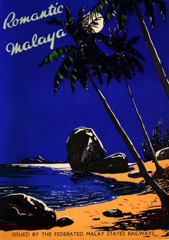 Original Vintage FMS Railway Travel Poster Romantic Malaya / Malaysia Singapore