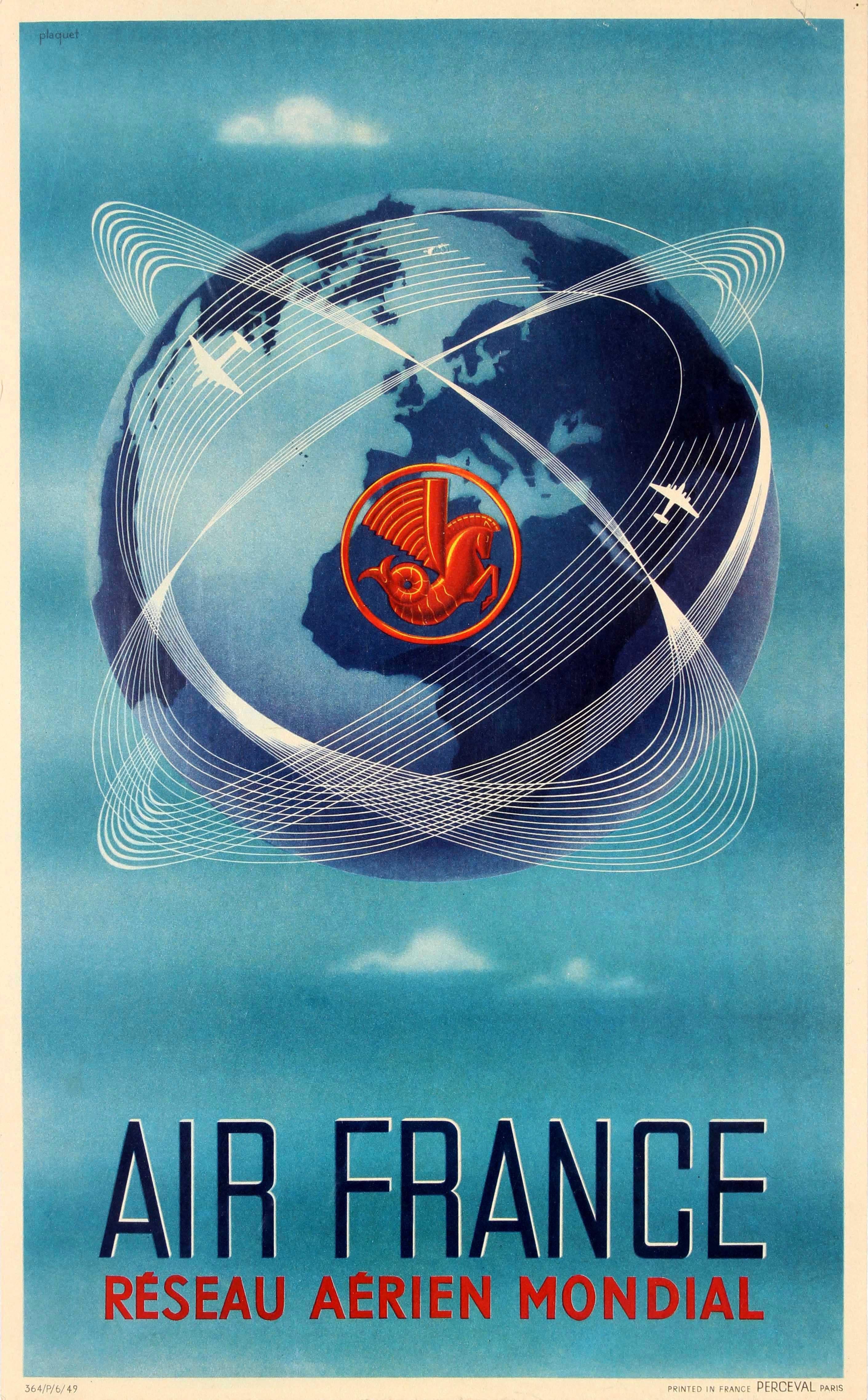Plaquet Print - Original Vintage Air France Poster Reseau Aerien Mondial World Air Network Globe