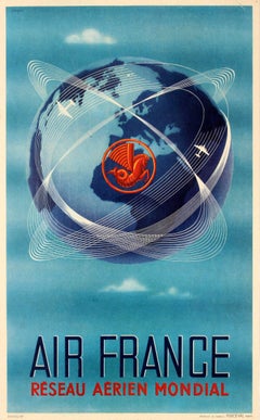 Original Vintage Air France Poster Reseau Aerien Mondial World Air Network Globe