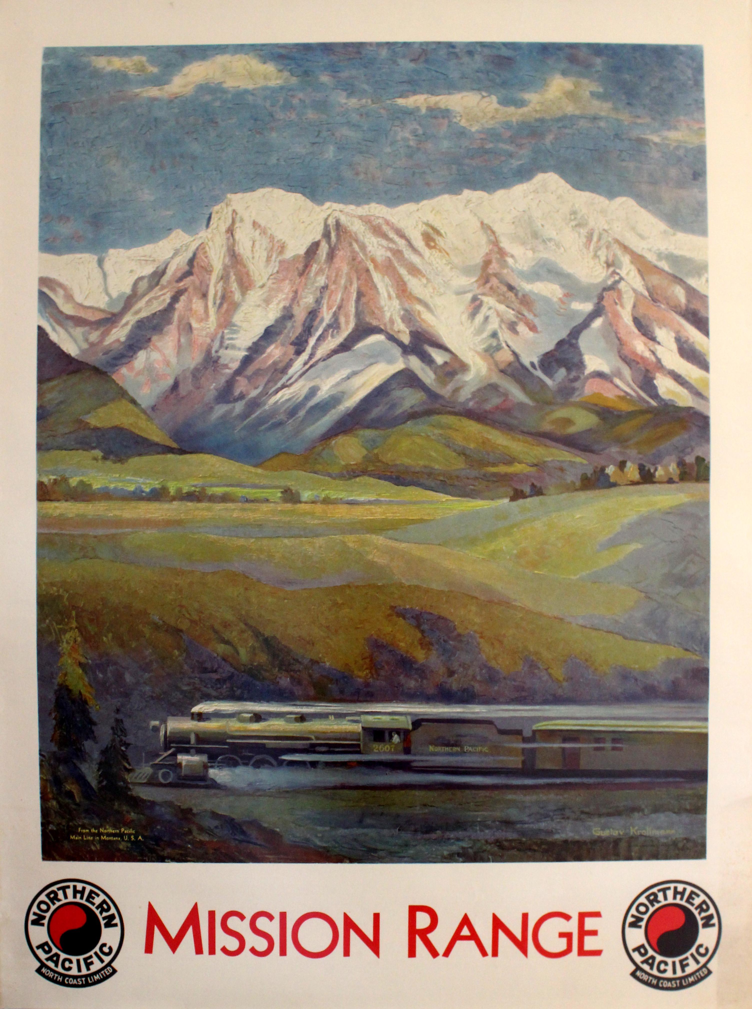 Gustav Krollman - Original Vintage Mission Range Northern Pacific Railway  Train Poster Montana USA at 1stDibs