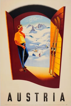 Original Vintage Austria Winter Sport & Skiing Travel Poster Skier Mountain View