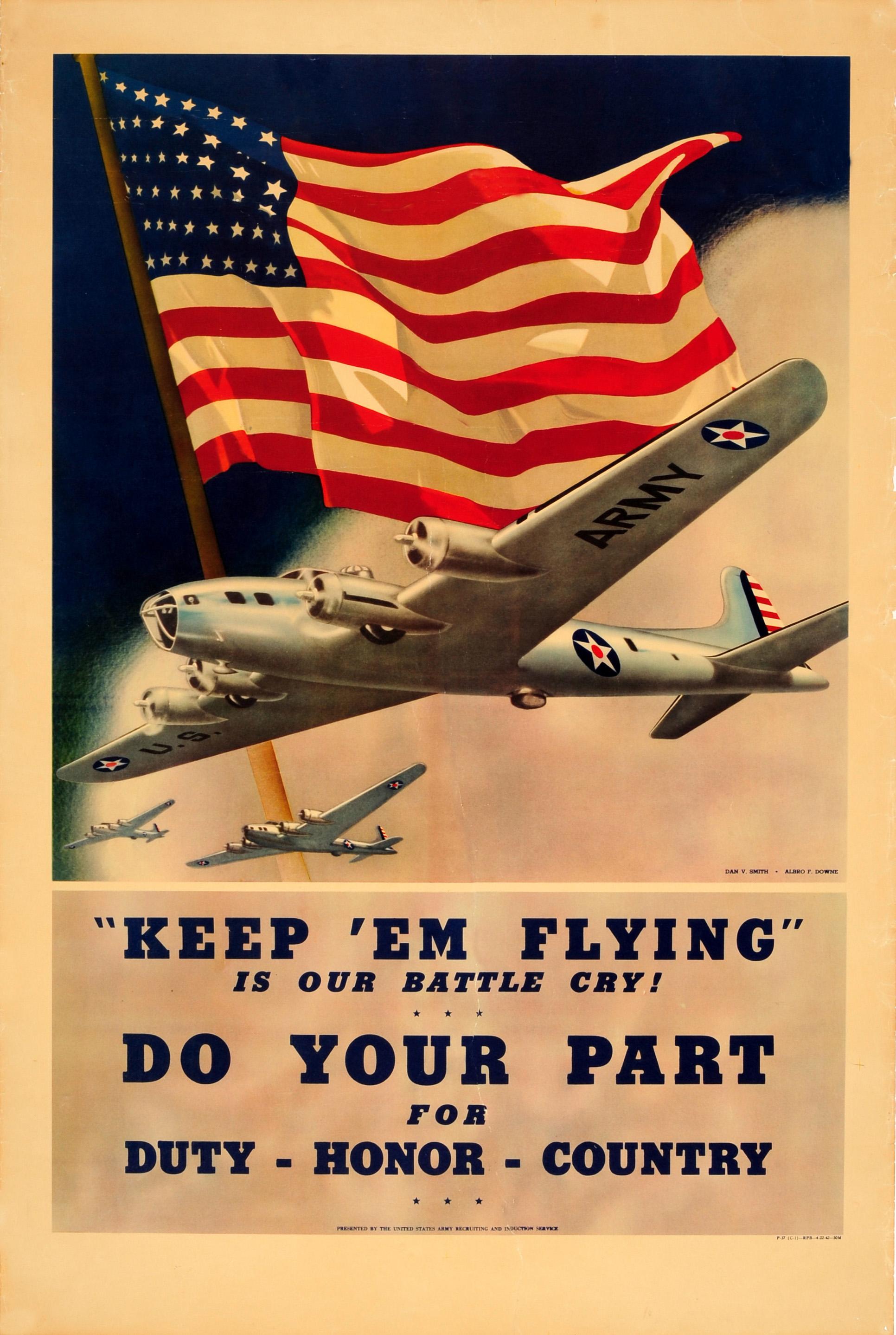 Print Dan V Smith and Albro F Downe - Affiche originale vintage de l'armée américaine de la Seconde Guerre mondiale - « Keep 'em Flying » - L'armée américaine de l'air