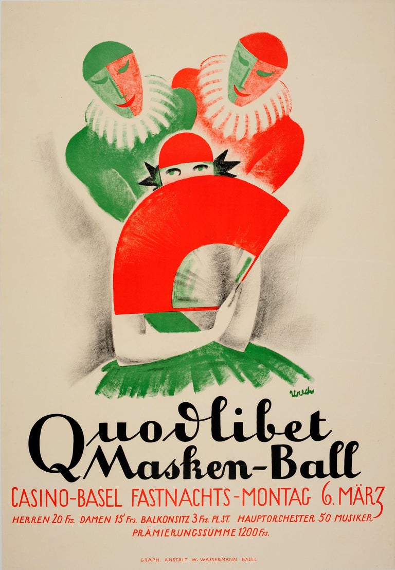 Urech - Affiche vintage originale de carnaval Quodlibet Masken-Ball Casino  de Bâle avec bal masqué En vente sur 1stDibs