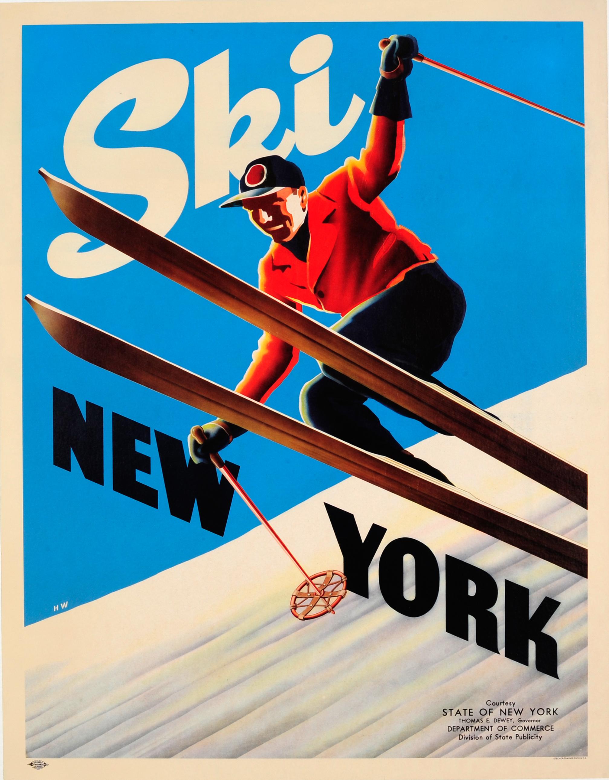 H.W. Print - Original Vintage Skiing Poster Ski New York Ft. Skier Courtesy NY State Governor