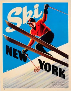 Original Vintage Skiing Poster Ski New York Ft. Skier Courtesy NY State Governor