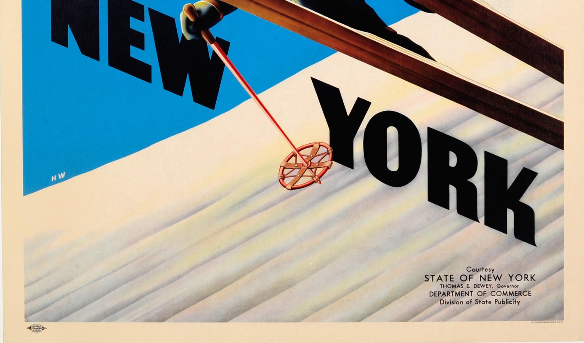Original Vintage-Skiplakat, Ski, New York, Ft. Skier mit freundlicher Genehmigung des Bundesstaates New York (Blau), Print, von H.W.