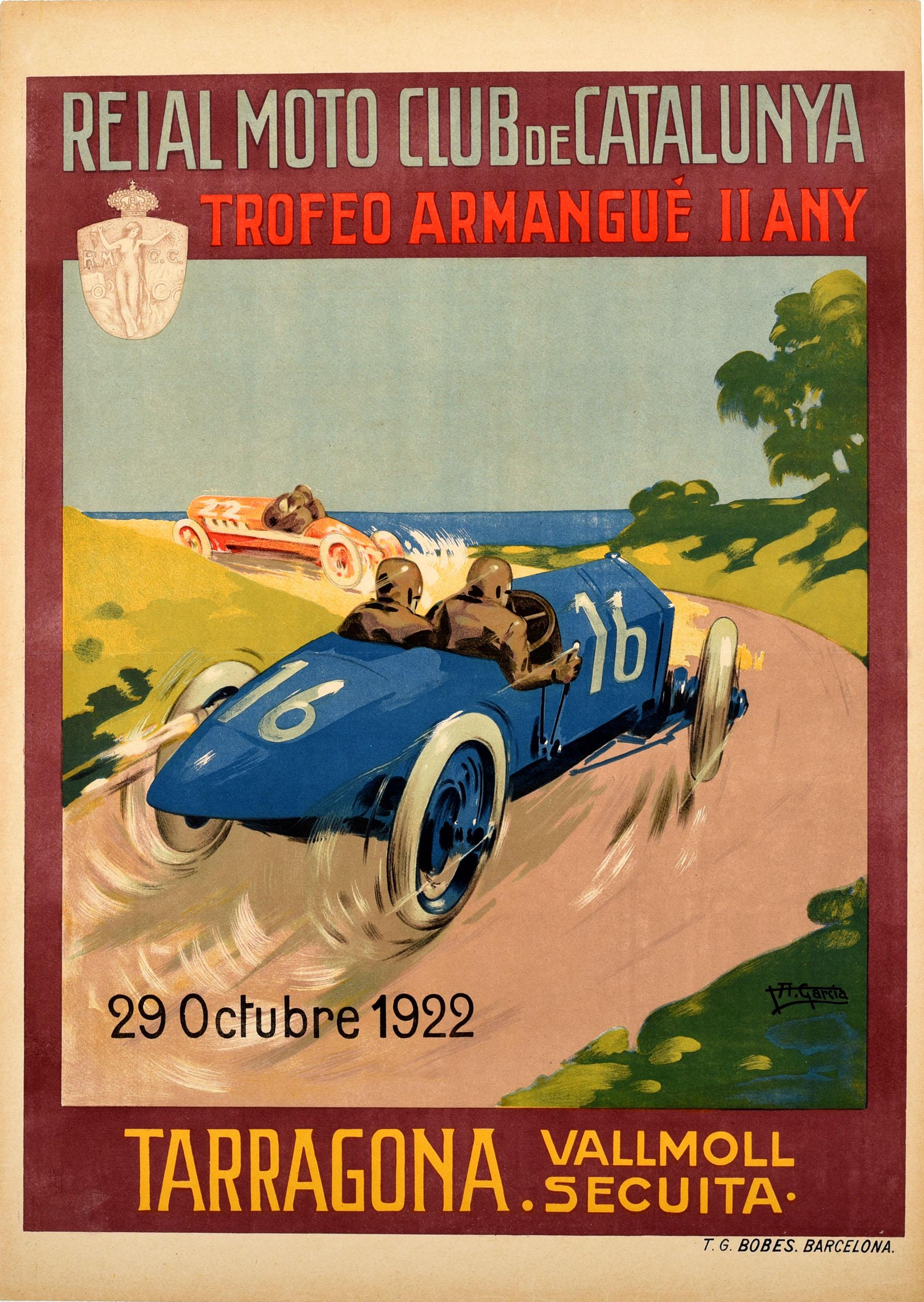 A. Garcia Print - Original Vintage 1922 Motor Car Racing Poster Armangue Trophy Tarragona Spain