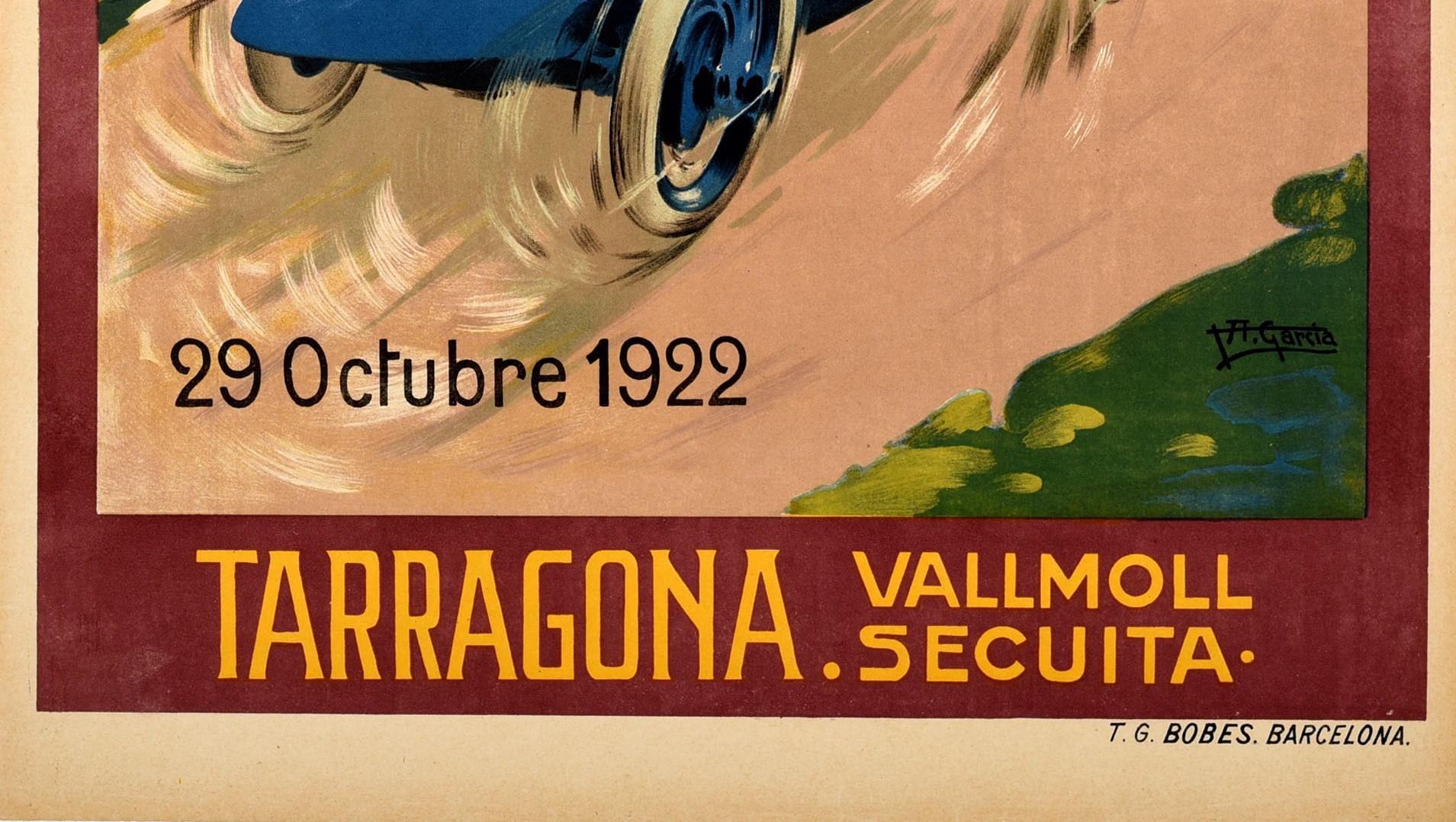 Originalplakat für die Armangué Trophy in Tarragona am 29. Oktober 1922, organisiert vom Reial Moto Club de Catalunya / Royal Moto Club of Catalonia. Dynamische Illustration von zwei Männern in einem klassischen blauen Rennwagen mit der Nummer 16,