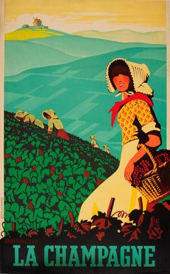 Affiche vintage originale de voyage pour la région viticole de Champagne, France, vue de vignobles