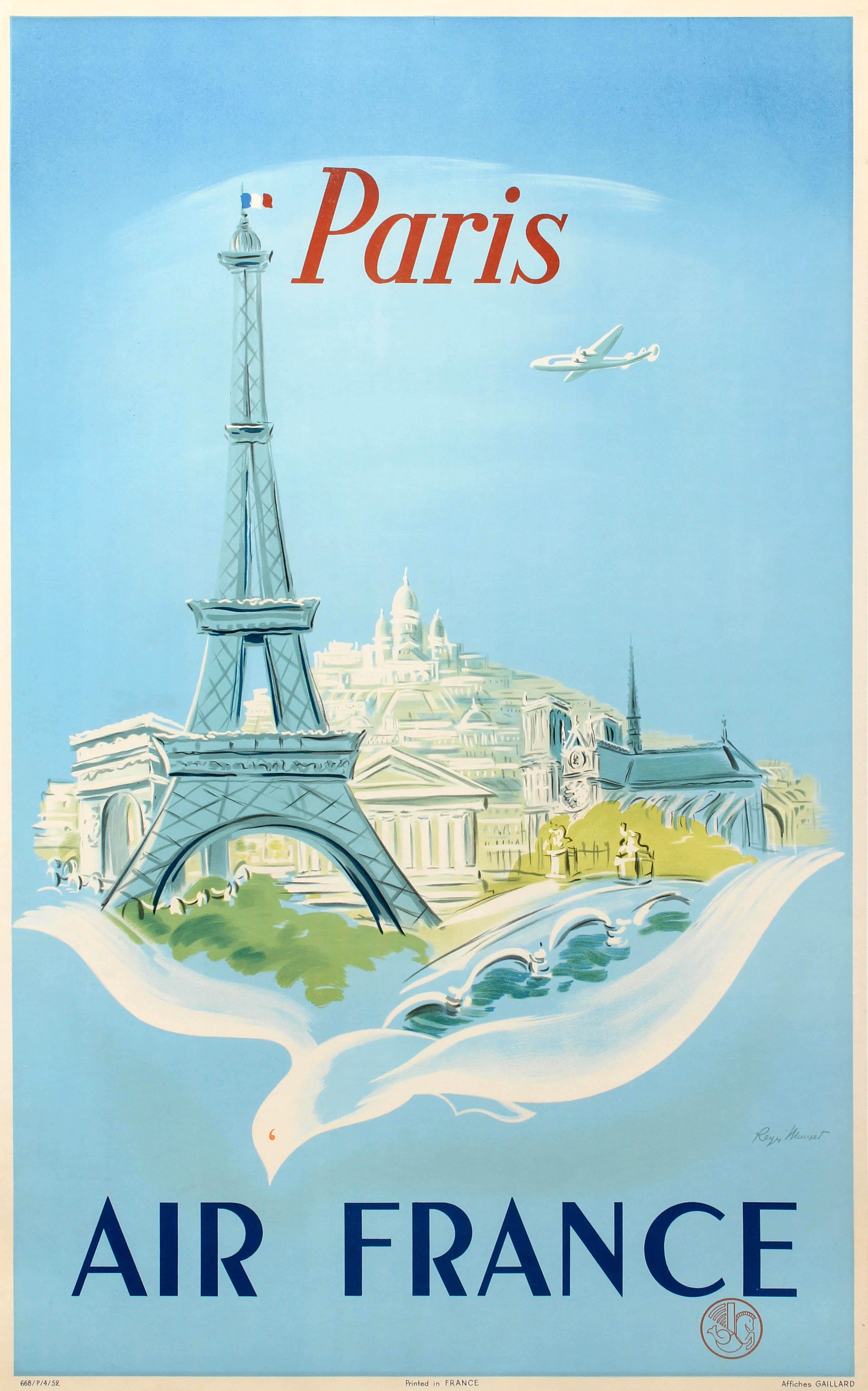 Regis Manset Print - Original Vintage Air France Poster Paris Ft. Eiffel Tower Lockheed Constellation