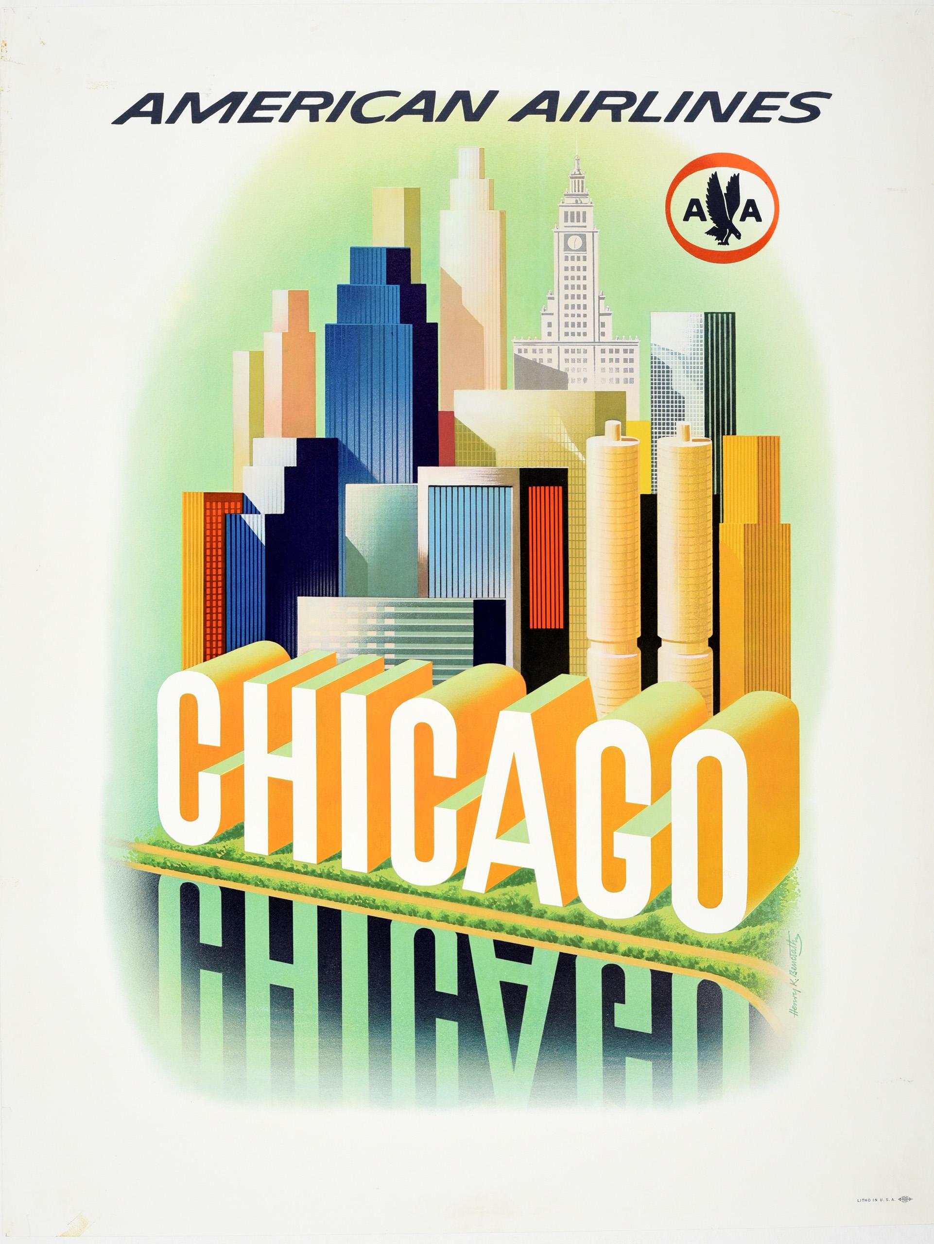 Print Henry K. Bencsath - Affiche rétro originale de voyage American Airlines Chicago City Skyline AA Eagle