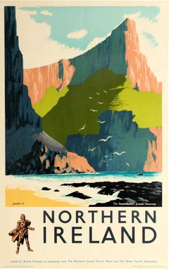 Affiche rétro originale de voyage:: Irlande du Nord:: Causeway Giant's:: Amphitheatre