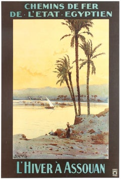 Original Antique Railway Travel Poster Winter In Aswan Egypt River Nile Assouan