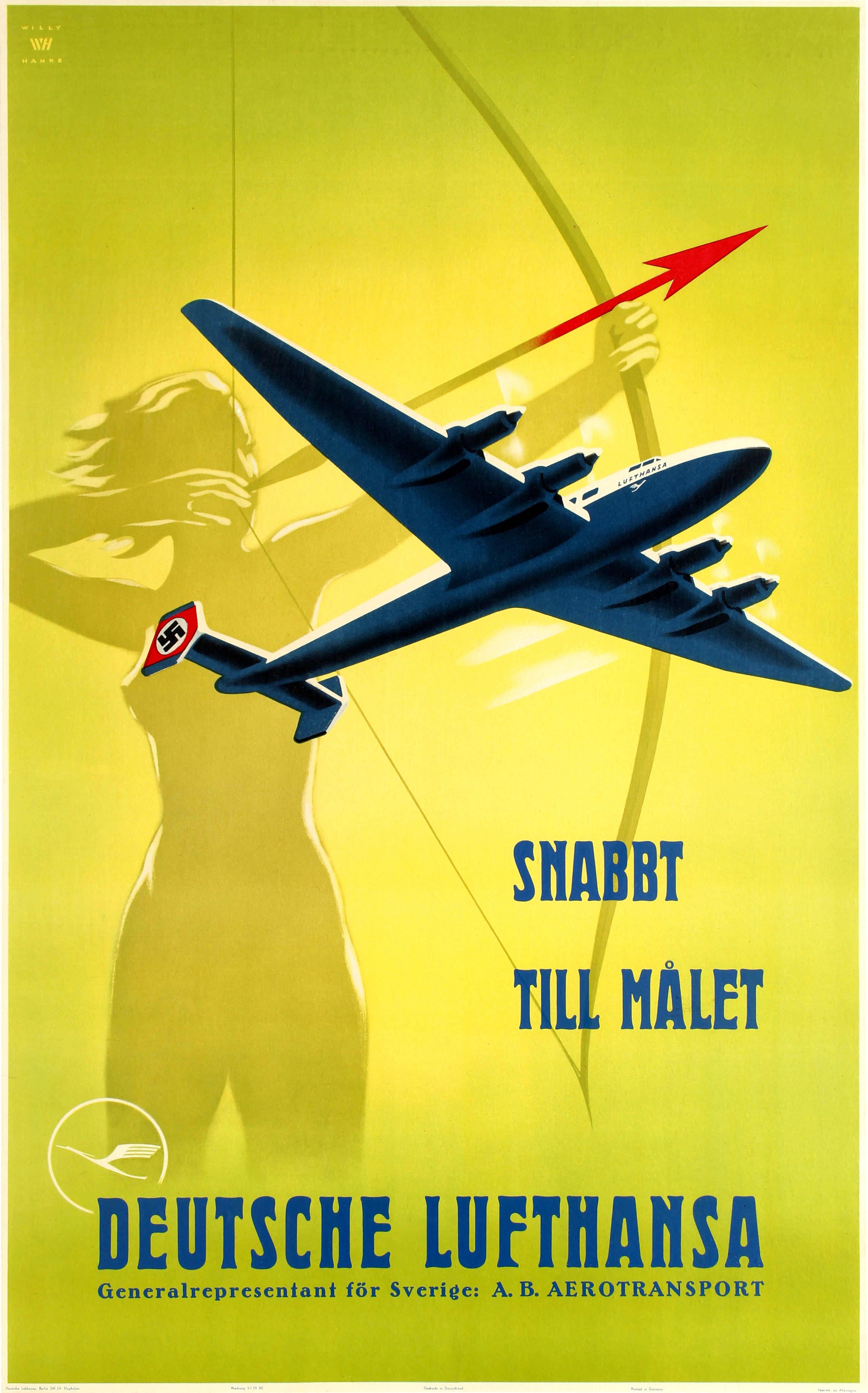 Willy Hanke Print - Original Vintage Travel Poster Advertising Deutsche Lufthansa Snabbt Till Målet