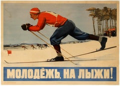 Original Vintage Soviet Sport Propaganda Poster - Youth Go Cross Country Skiing