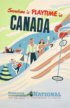 Original Vintage Railway Poster Snowtime Is Playtime In Canada Winter Sport Ski