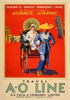 Original Antique A.O Line Travel Poster - Thursday Island Manila Hong Kong Japan