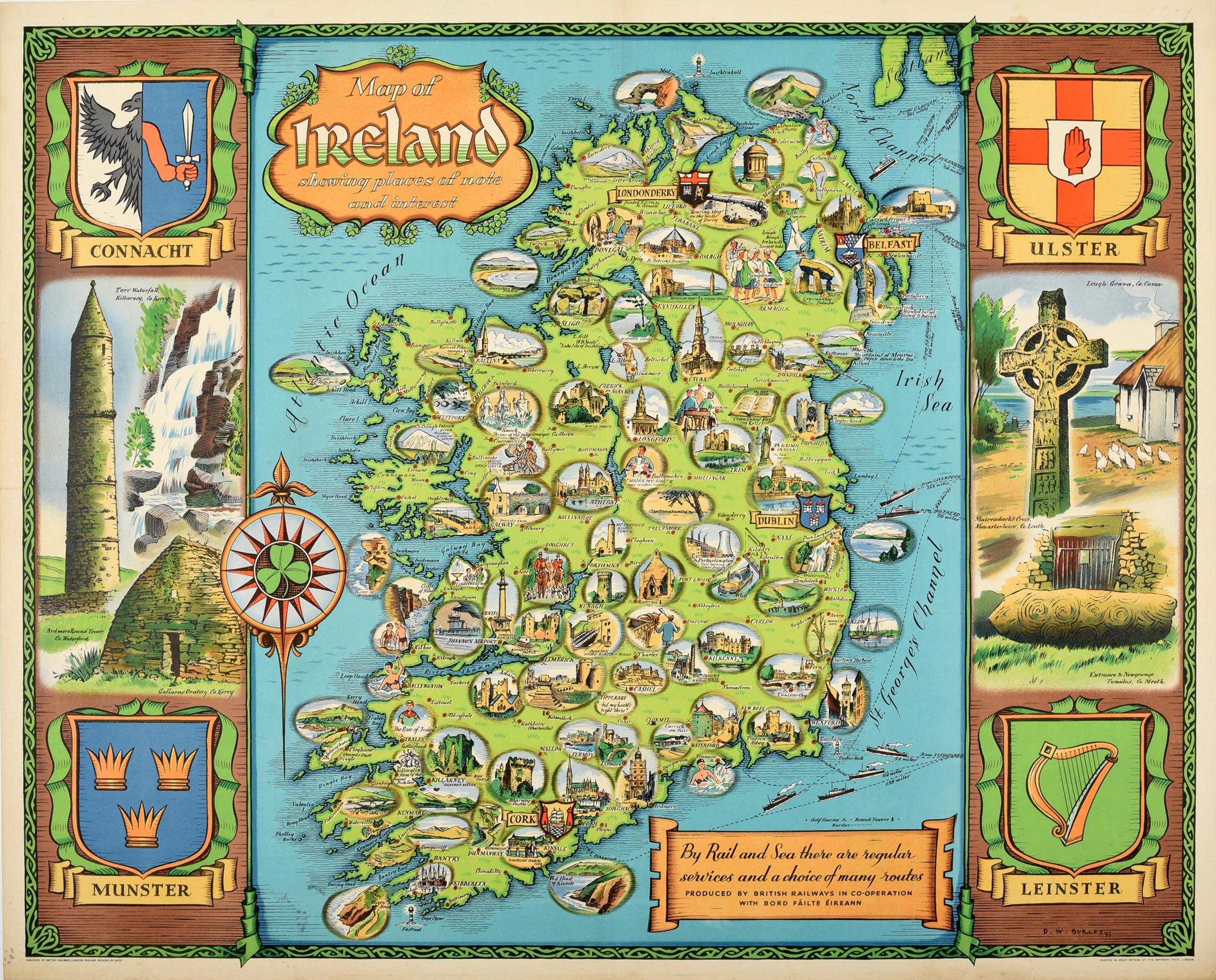 David William Burley Print - Original Vintage Travel Poster Map Of Ireland Showing Places Of Note & Interest