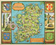 Original Vintage Travel Poster Map Of Ireland Showing Places Of Note & Interest