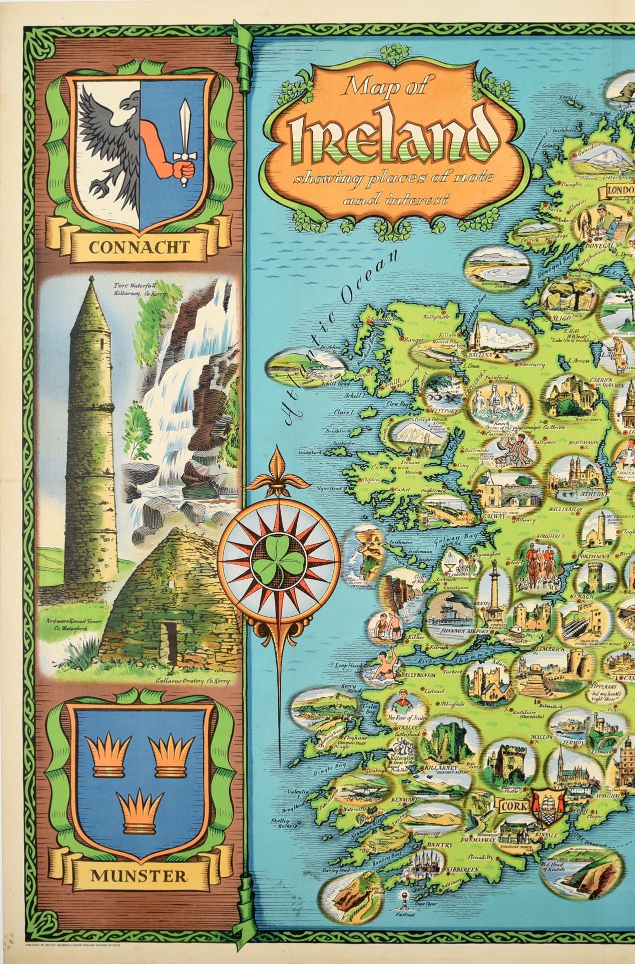 Original Vintage Travel Poster Map Of Ireland Showing Places Of Note & Interest - Print by David William Burley