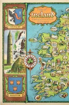 Original Vintage Travel Poster Map Of Ireland Showing Places Of Note & Interest