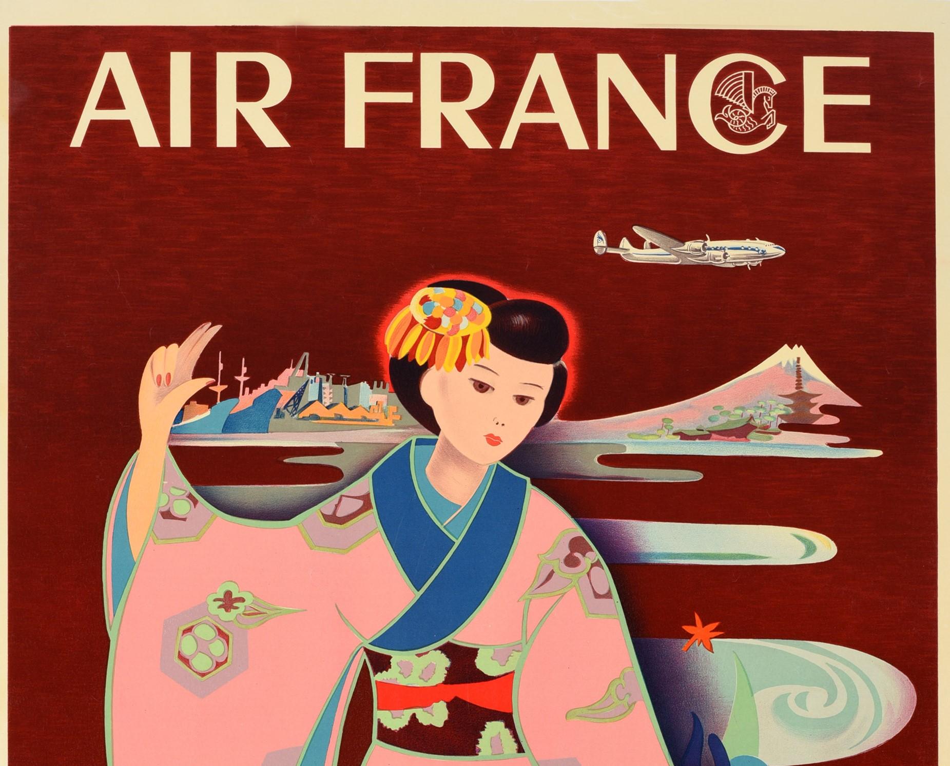 Original Vintage Air France Travel Poster Paris Tokio Tokyo Japan Mount Fuji - Print by Tabuchi