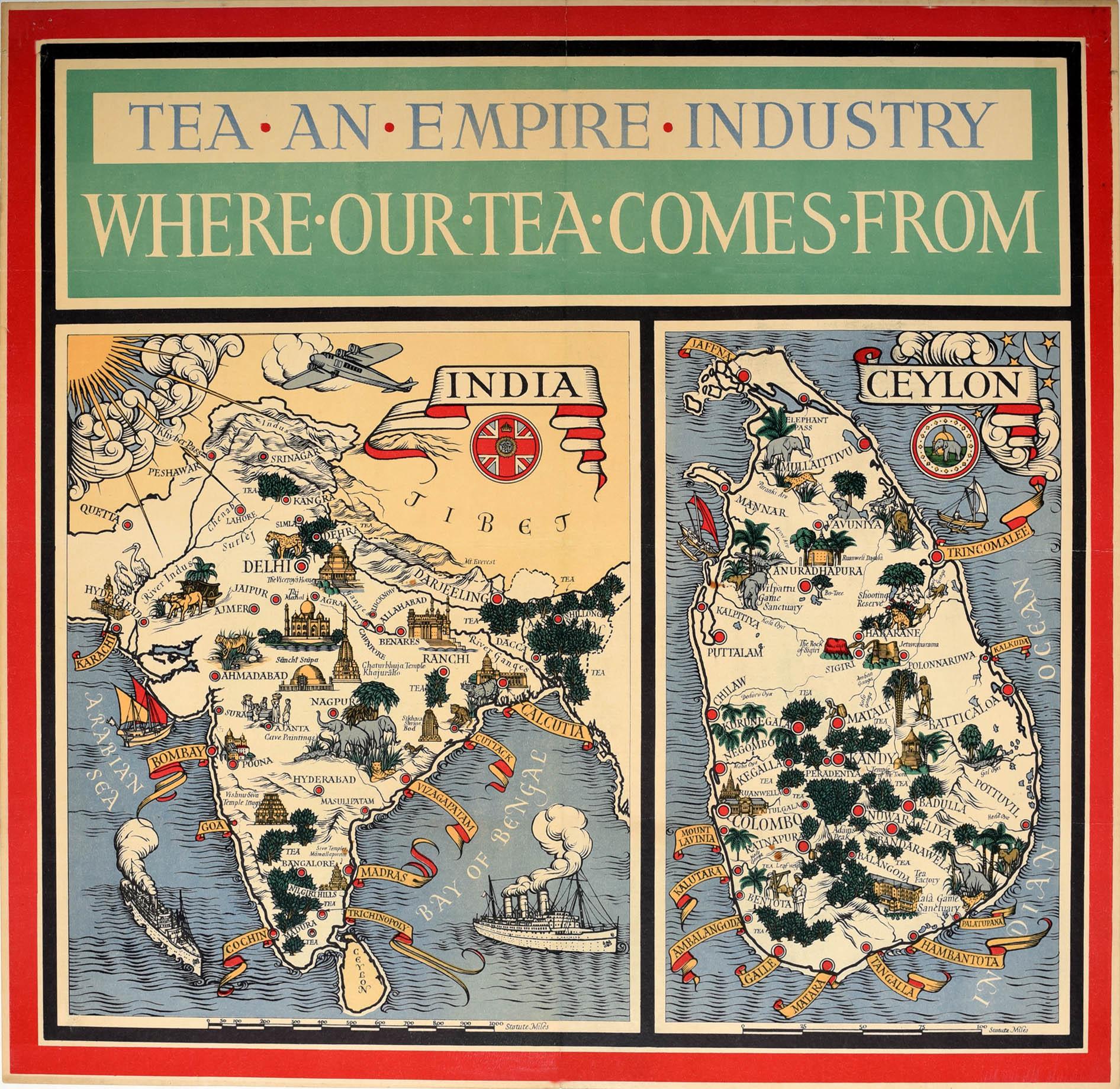 Print Macdonald Gill - Poster vintage original, carte Illustrée Empire Industry Where Our Tea Comes From