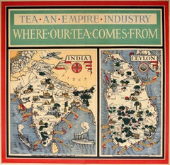 Original-Vintage-Poster, illustrierte Karte Empire, Industrie, Where Our Tea Comes From