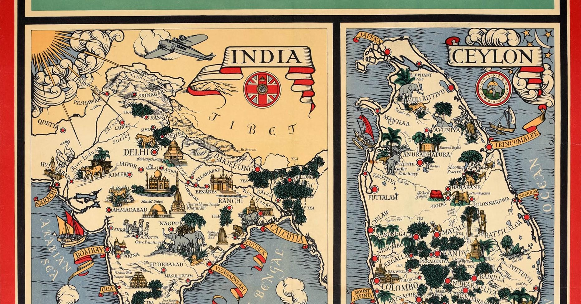 Poster vintage original, carte Illustrée Empire Industry Where Our Tea Comes From - Marron Print par Macdonald Gill